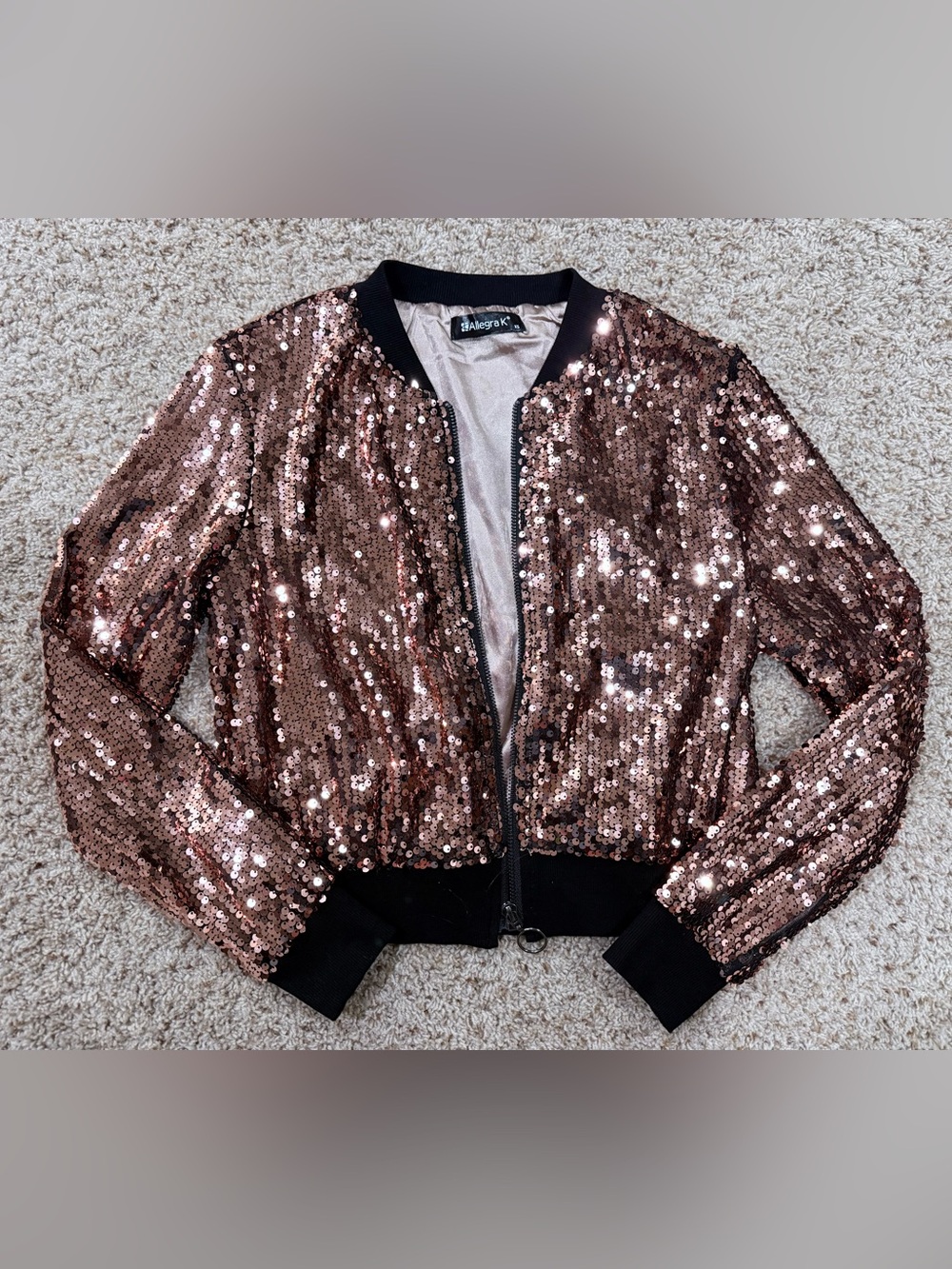 Allegra K Rose Gold Sequin Bomber Jacket with Black Trim
